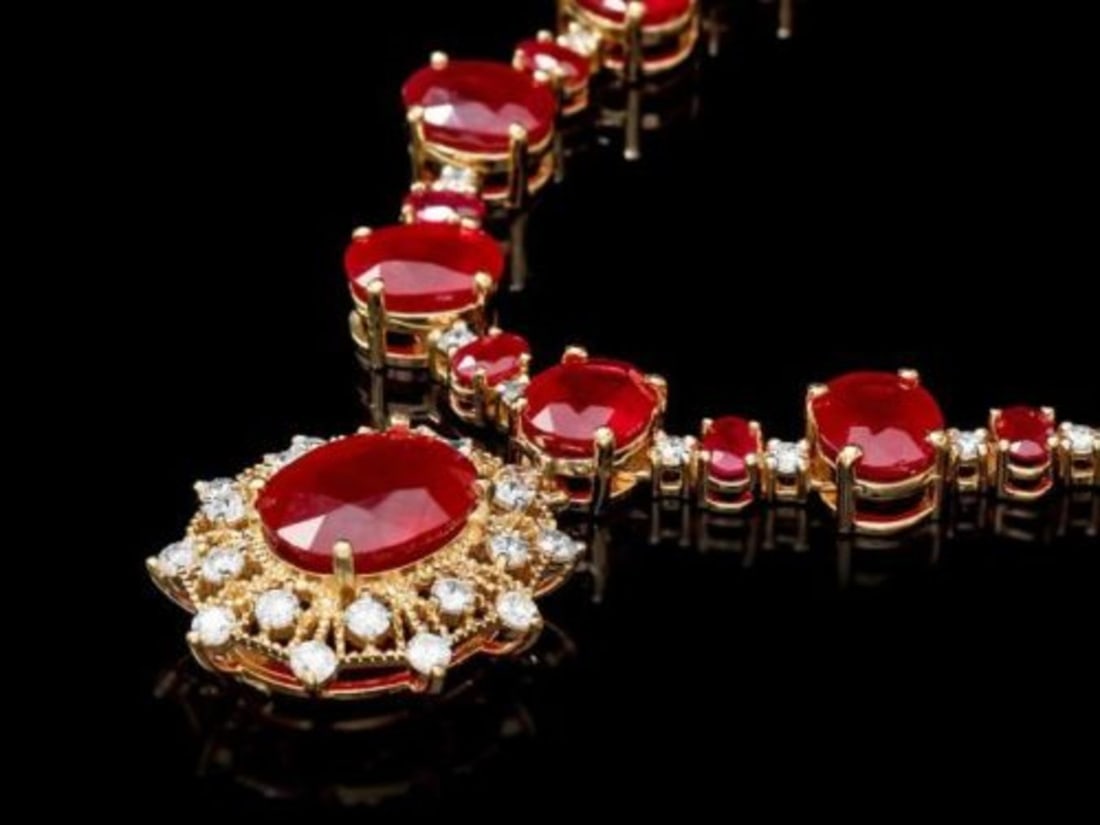 14K Yellow Gold 81.80ct Ruby and 2.85ct Diamond Necklace: Retail: $42,325.00 ****** 14K Yellow Gold 81.80ct Ruby and 2.85ct Diamond Necklace ****** Metal: 14K Yellow Gold / Total Item Weight: 53.0 Grams / Country Made: United States / / Main Stone: Ruby /