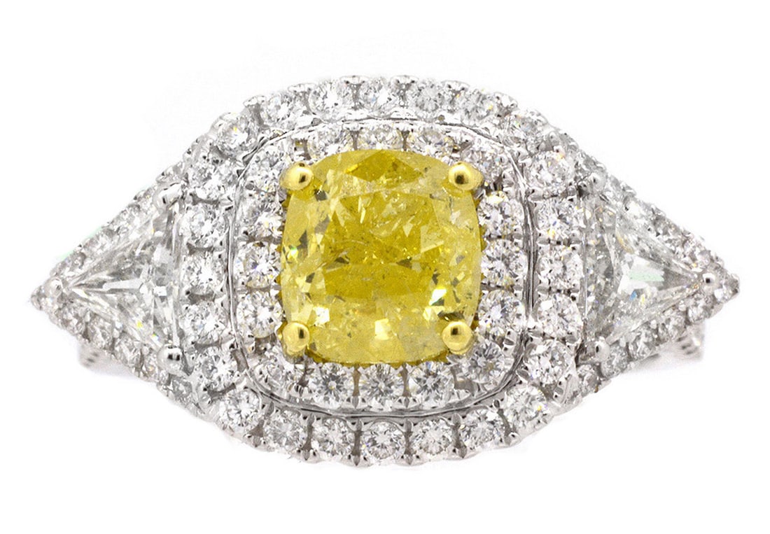 18K White Gold Ladies Ring with 1.33ct Fancy Yellow Diamond and 1.09w Adjacent Diamonds (1 of 5)