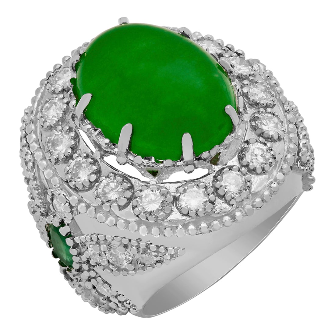 14k White Gold 9.31ct Jade 0.60ct Emerald 1.94ct Diamond Ring: Retail: $13,435.00 ****** 14k White Gold 9.31ct Jade 0.60ct Emerald 1.94ct Diamond Ring ****** Metal: 14K White Gold / Total Item Weight: 17.00 grams / Country Made: United States / / Main Stone: Jade