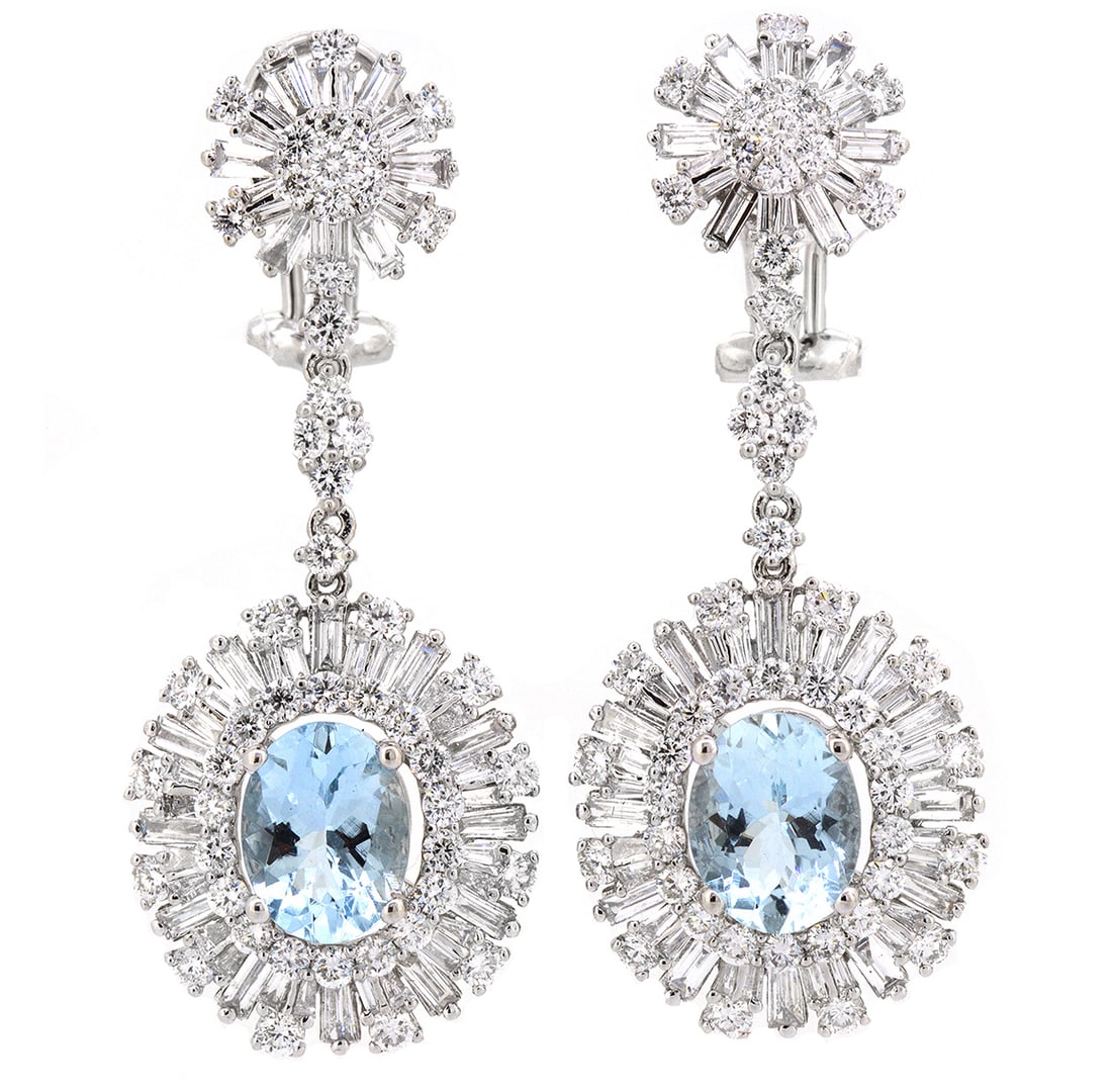 18K White Gold Ladies Earrings with 3.07ct tw Aquamarine and 4.03ct tw Adjacent Diamonds: Retail: $15,500.00 ****** 18K White Gold Ladies Earrings with 3.07ct tw Aquamarine and 4.03ct tw Adjacent Diamonds ****** Size: 1.5 Long / Metal: 18K White Gold / Total Item Weight: 9.7 Grams /