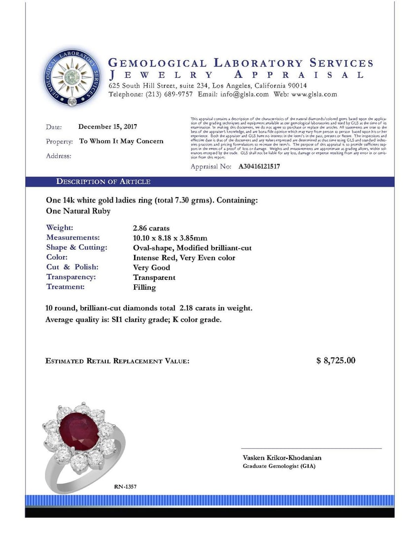 14k White Gold 2.86ct Ruby 2.18ct Diamond Ring - 4