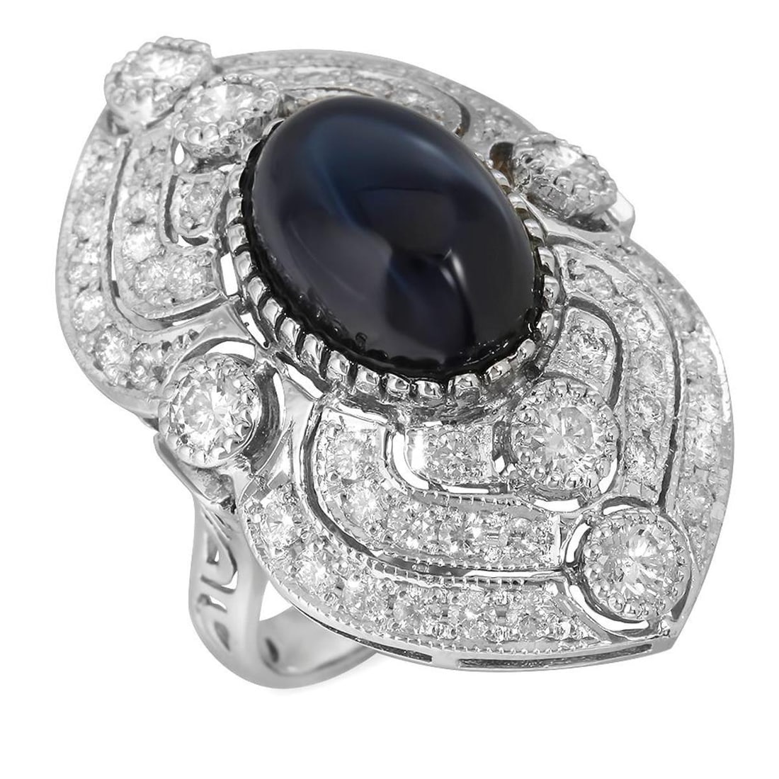14K White Gold 13.34ct Sapphire and 2.50ct Diamond Ring: Retail: $14,401.00 ****** 14K White Gold 13.34ct Sapphire and 2.50ct Diamond Ring ****** Metal: 14K White Gold / Total Item Weight: 13.3 Grams / Country Made: United States / / Main Stone: Sapphire