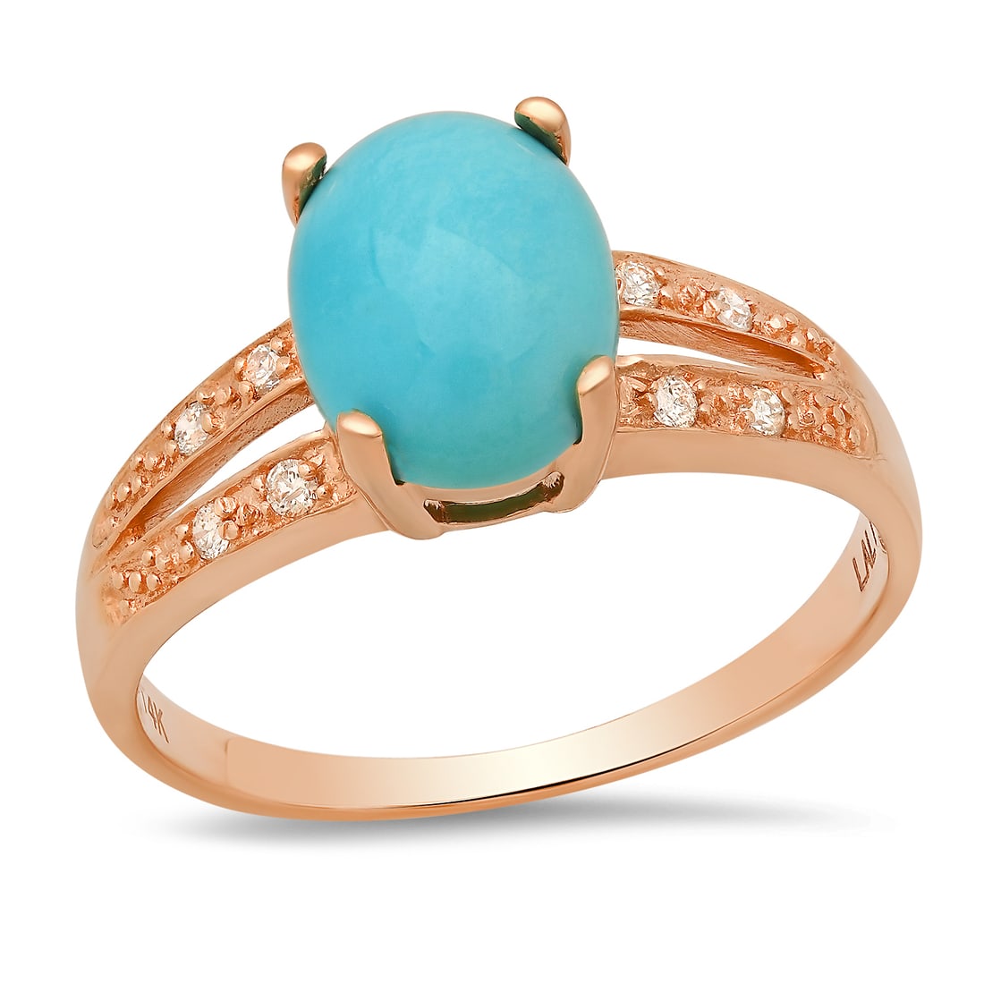14K Rose Gold Setting with 2.2ct Turquoise and 0.08ct Diamond LALI Designor Ladies Ring: Retail: $1,565.00 ****** 14K Rose Gold Setting with 2.2ct Turquoise and 0.08ct Diamond LALI Designor Ladies Ring ****** Size: 7 / Metal: 14K Rose Gold / Total Item Weight: 2.8 Grams / Country Made: