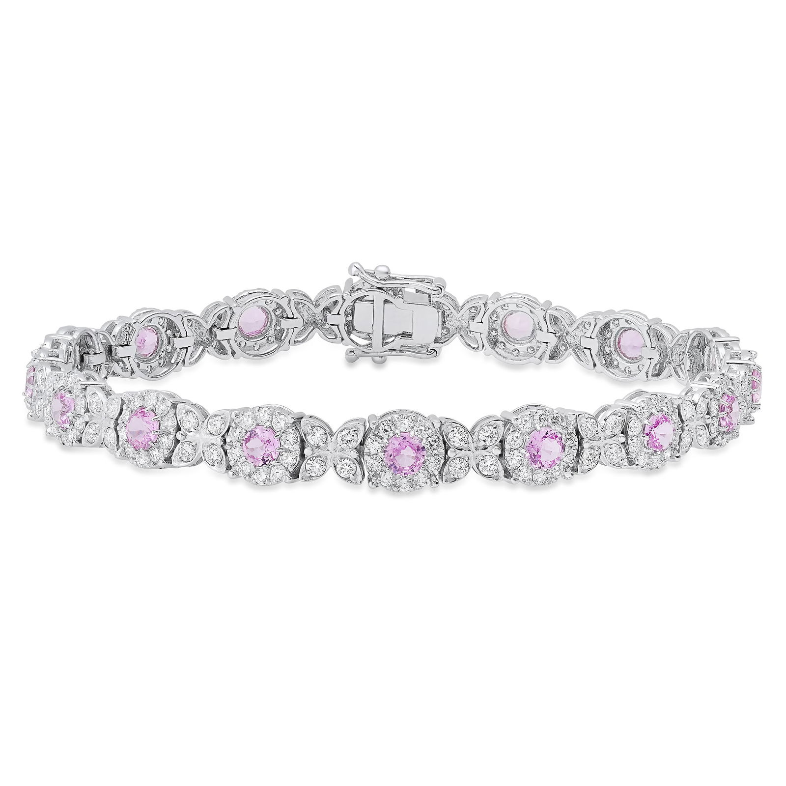 14K White Gold Ladies Bracelet with 3.88ct tw Pink Sapphire and 3.87ct tw Diamonds: Retail: $18,763.00 ****** 14K White Gold Ladies Bracelet with 3.88ct tw Pink Sapphire and 3.87ct tw Diamonds ****** Size: 7 / Metal: 14K White Gold / Total Item Weight: 12.6 Grams / Country Made: Unit