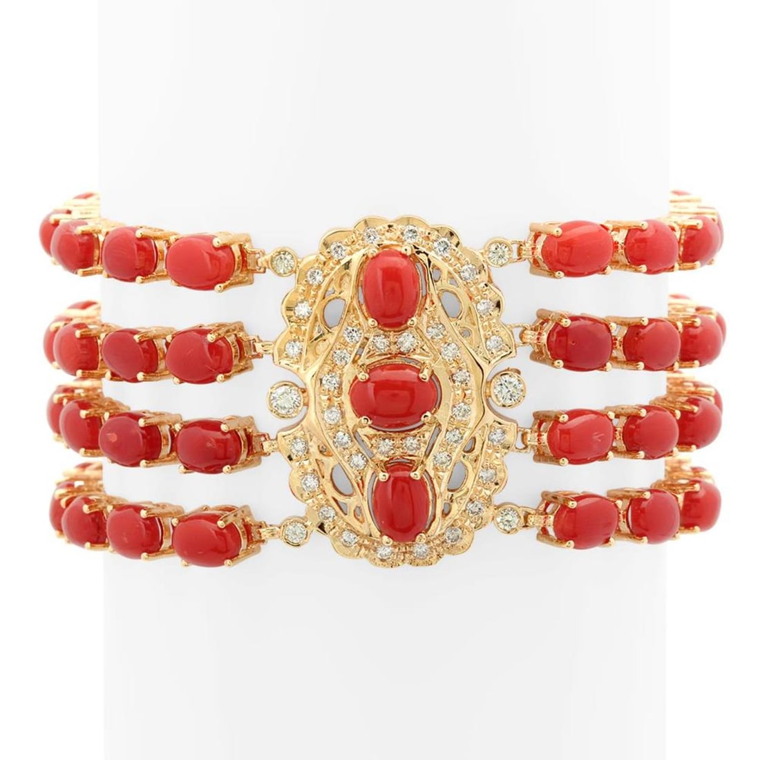 14K Gold 38.50ct Coral 1.10cts Diamond Bracelet: Retail: $28,120.00 ****** 14K Gold 38.50ct Coral 1.10cts Diamond Bracelet ****** Metal: 14K Yellow Gold / Total Item Weight: 47.2 grams / Country Made: United States / / Main Stone: Coral / Color: