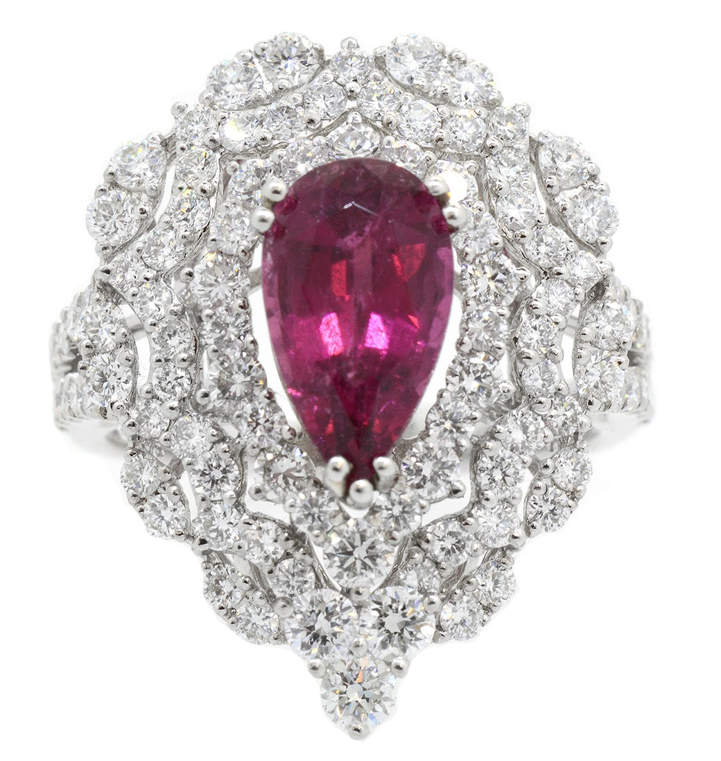 18K White Gold Ladies Ring with 2.19ct Rubellite Tourmaline and 2.03ct Adjacent Diamonds: Retail: $10,500.00 ****** 18K White Gold Ladies Ring with 2.19ct Rubellite Tourmaline and 2.03ct Adjacent Diamonds ****** Size: 6.5 / Metal: 18K White Gold / Total Item Weight: 6.7 Grams / Country Mad
