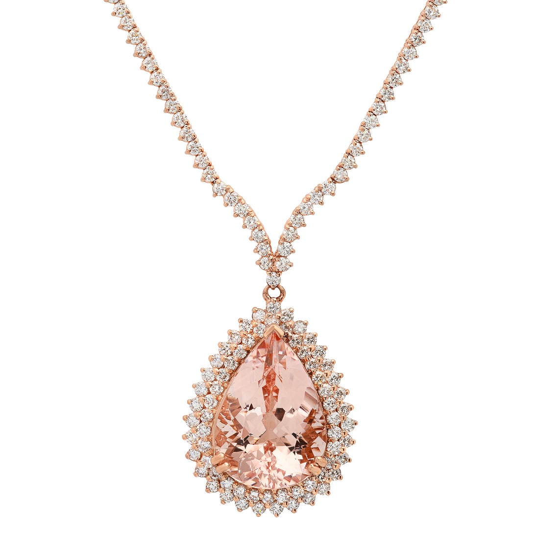14K Rose Gold with 19.26ct Morganite and 5.42ct Diamond Necklace: Retail: $48,793.00 ****** 14K Rose Gold with 19.26ct Morganite and 5.42ct Diamond Necklace ****** Metal: 14K Rose Gold / Total Item Weight: 25.2 Grams / Country Made: United States / / Main Stone: Mor