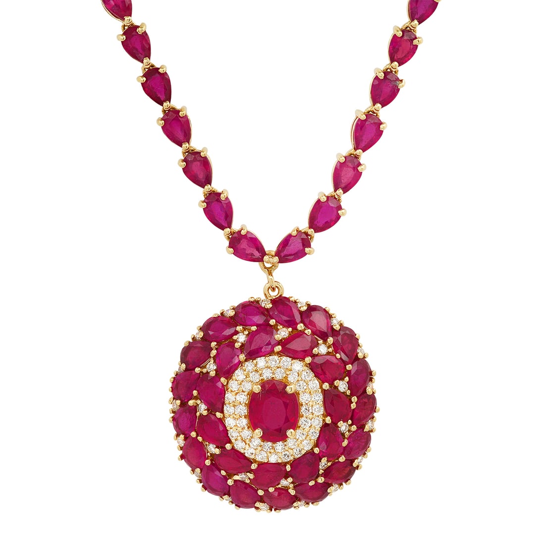 14K Yellow Gold Setting with 56.85ct Ruby and 1.58ct Diamond Necklace: Retail: $48,220.00 ****** 14K Yellow Gold Setting with 56.85ct Ruby and 1.58ct Diamond Necklace ****** Size: 18.9 / Metal: 14K Yellow Gold / Total Item Weight: 36.5 Grams / Country Made: United