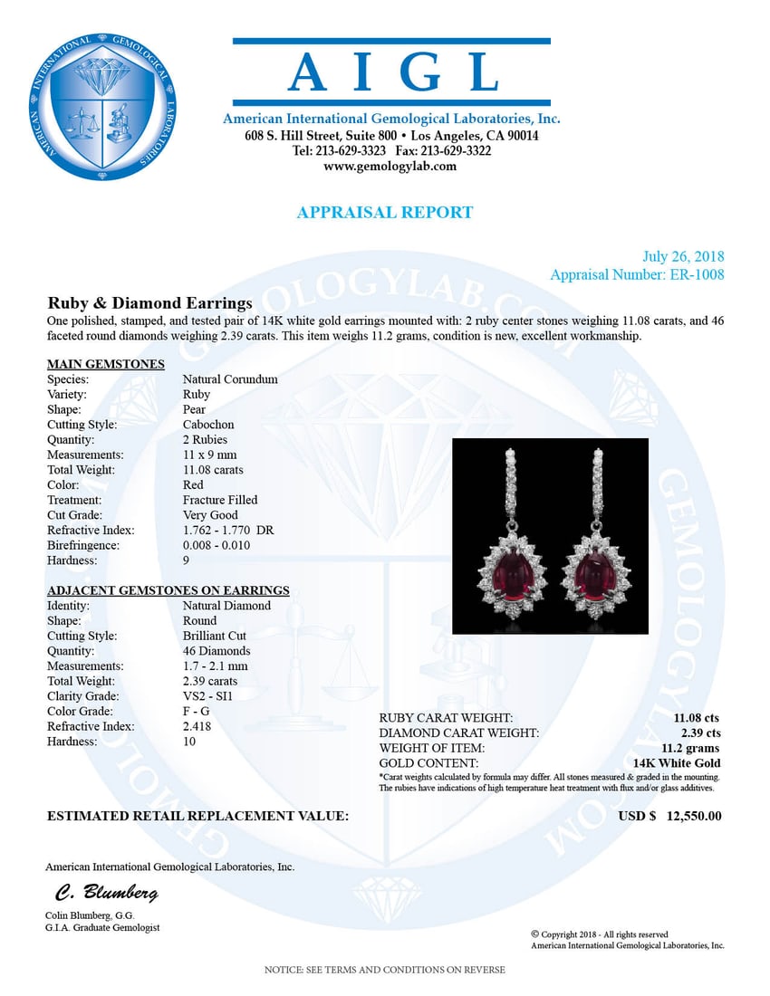 14K Gold 11.08ct Ruby 2.39ct Diamond Earrings - 3
