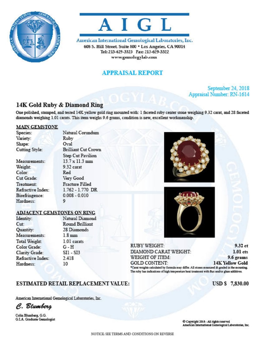 14K Yellow Gold 9.32ct Ruby and 1.01ct Diamond Ring - 5