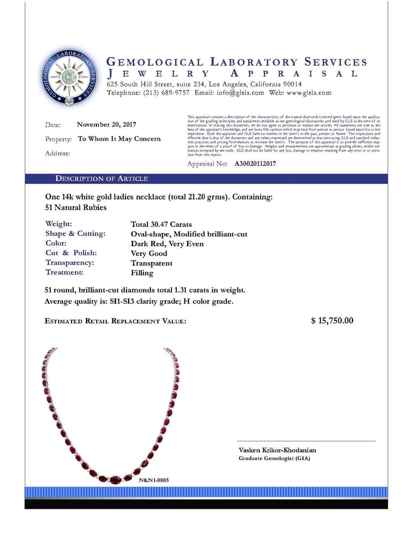 14k White Gold 30.47ct Ruby 1.31ct Diamond Necklace - 5