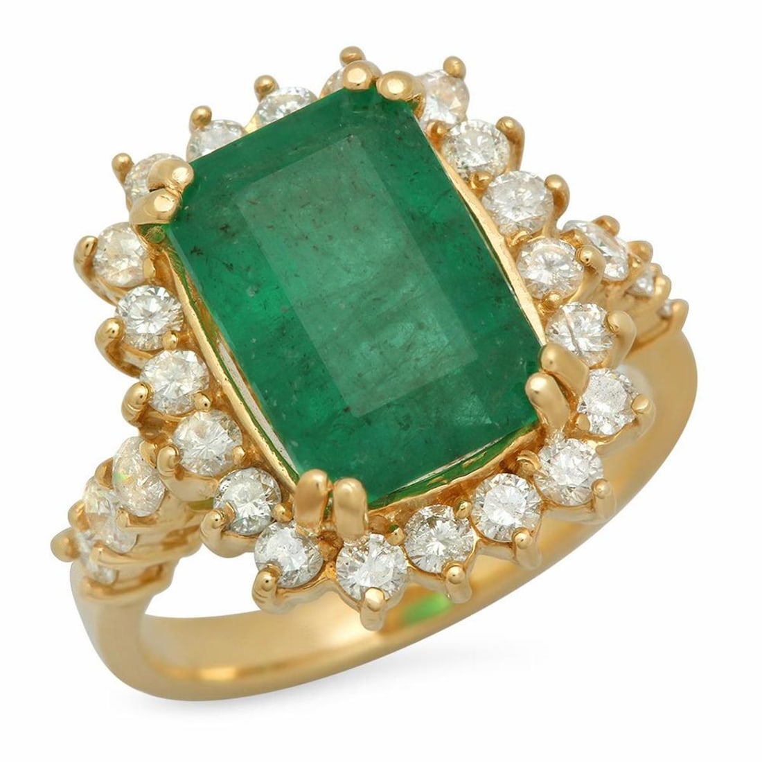 14K Yellow Gold 4.39ct Emerald and 1.04ct Diamond Ring: Retail: $17,110.00 ****** 14K Yellow Gold 4.39ct Emerald and 1.04ct Diamond Ring ****** Metal: 14K Yellow Gold / Total Item Weight: 6.6 Grams / Country Made: United States / / Main Stone: Emerald / Co