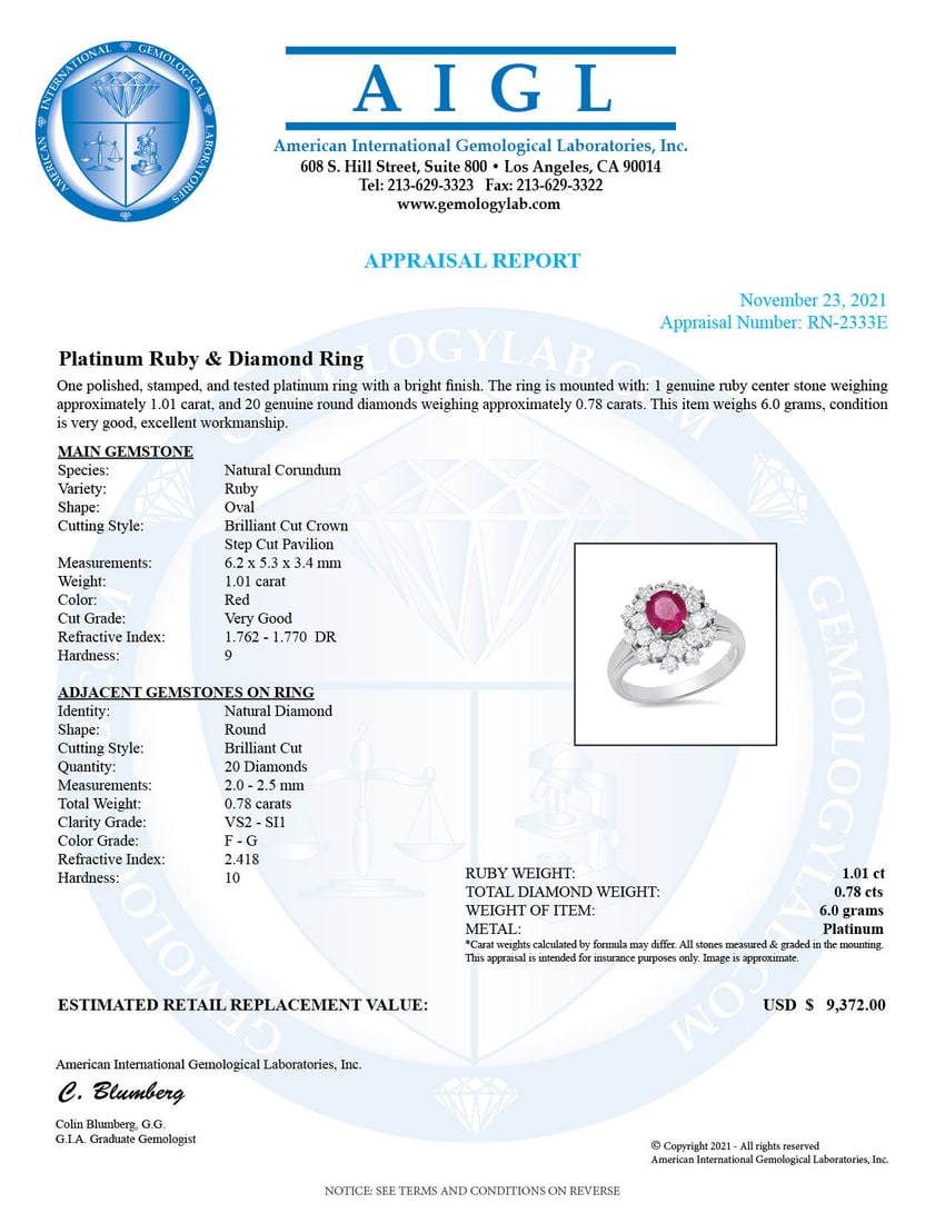 Platinum Setting with 1.01ct Ruby and 0.78ct Diamond Ladies Ring - 6