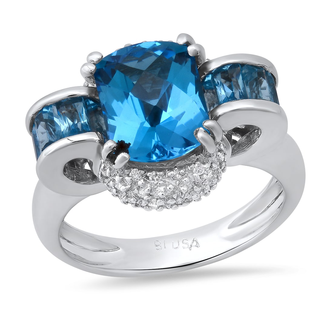 18K White Gold Setting with 5.21ct Blue Topaz and 0.12ct Diamond Bellari" Designor Ring": Retail: $5,320.00 ****** 18K White Gold Setting with 5.21ct Blue Topaz and 0.12ct Diamond Bellari" Designor Ring ****** Size: 7 (we offer free resizing to winning bidders) / Metal: 18K White Gold /
