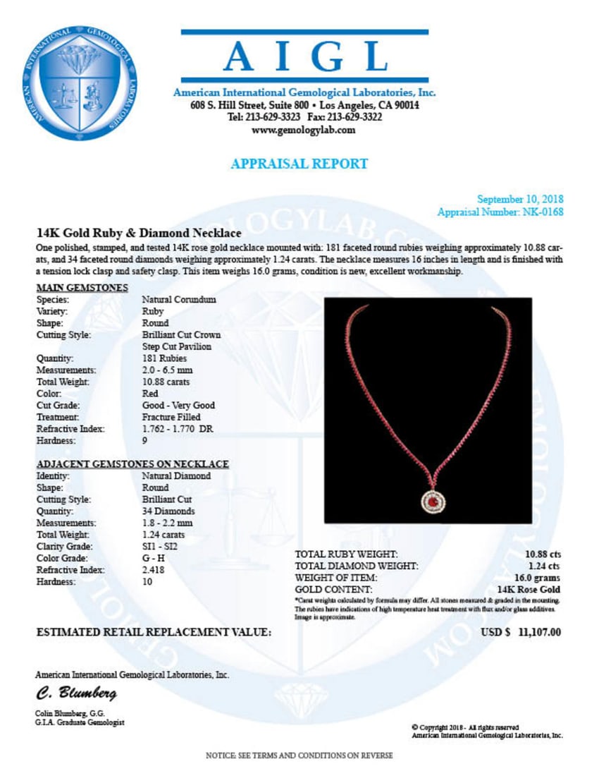 14k Rose Gold 10.88ct Ruby 1.24ct Diamond Necklace - 6