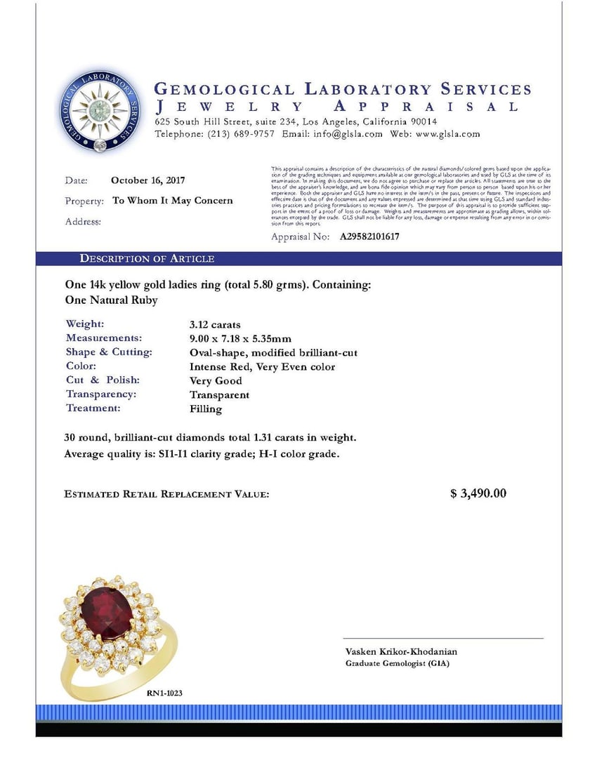14k Yellow Gold 3.12ct Ruby 1.31ct Diamond Ring - 4
