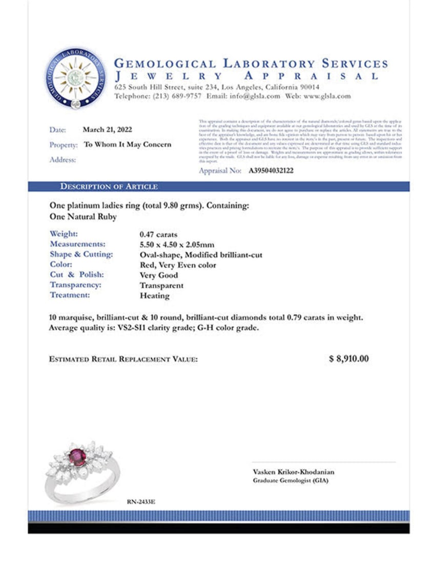 Platinum setting with .47ct Ruby and 0.79ct Diamond Ladies Ring - 6