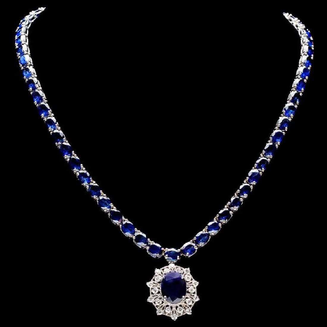 14K White Gold 57.69ct Sapphire and 1.08ct Diamond Necklace: Retail: $27,850.00 ****** 14K White Gold 57.69ct Sapphire and 1.08ct Diamond Necklace ****** Metal: 14K White Gold / Total Item Weight: 36.5 / Country Made: United States / / Main Stone: Sapphire / Co