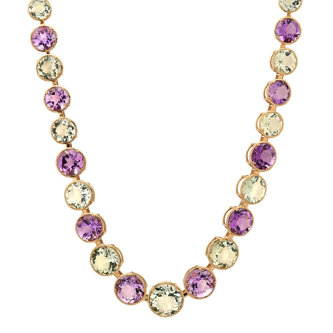 14K Yellow Gold Setting with 49.40ct Prasiolite, 43.83ct Ametyst and 0.10ct Diamond LALI" Designor: Retail: $23,940.00 ****** 14K Yellow Gold Setting with 49.40ct Prasiolite, 43.83ct Ametyst and 0.10ct Diamond LALI" Designor Necklace ****** Size: 17.5" / Metal: 14K Yellow Gold / Total Item Weight: