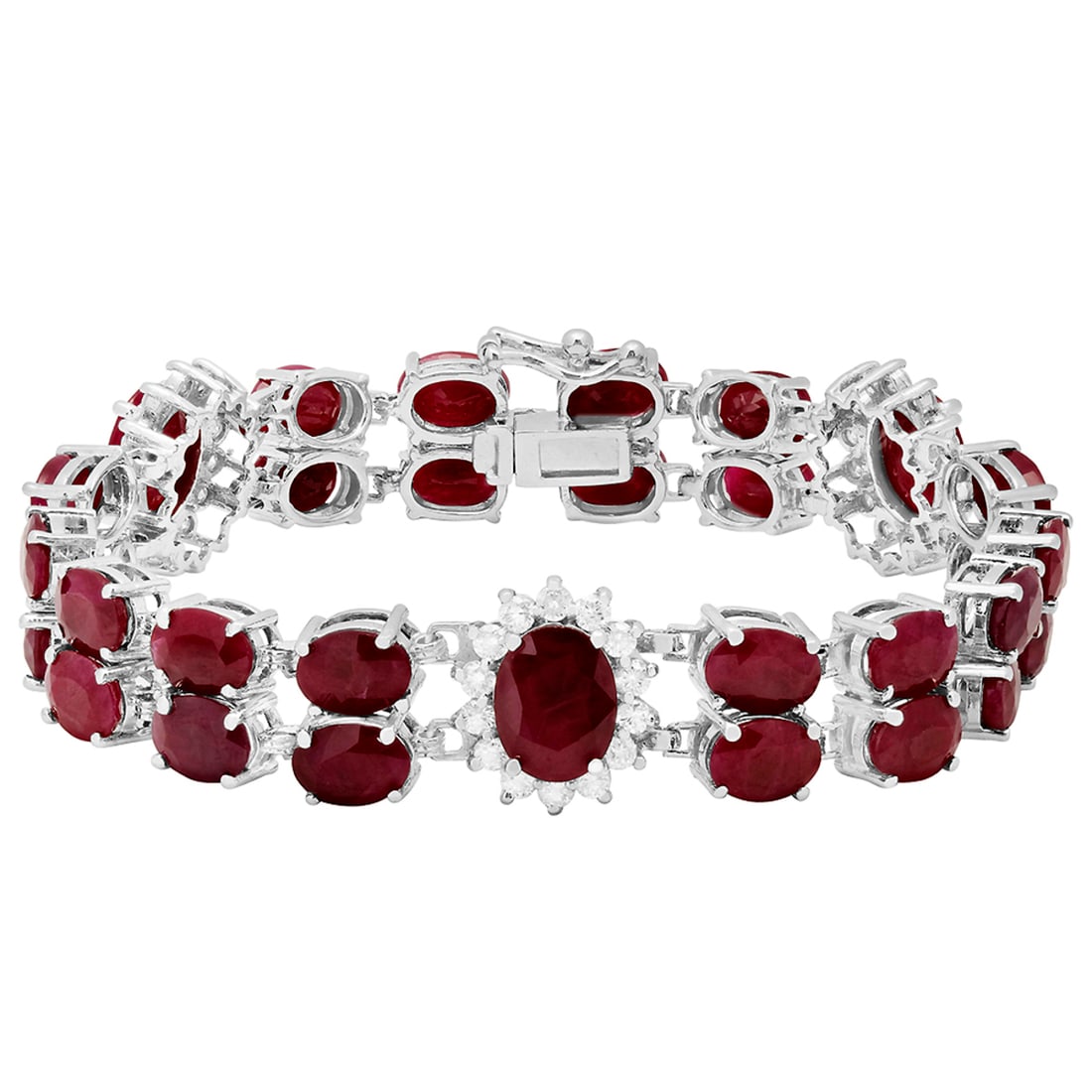 14k White Gold 43.10ct Ruby 1.65ct Diamond Bracelet: Retail: $20,850.00 ****** 14k White Gold 43.10ct Ruby 1.65ct Diamond Bracelet ****** Metal: 14K White Gold / Total Item Weight: 24.40 grams / Country Made: United States / / Main Stone: Ruby / Color: