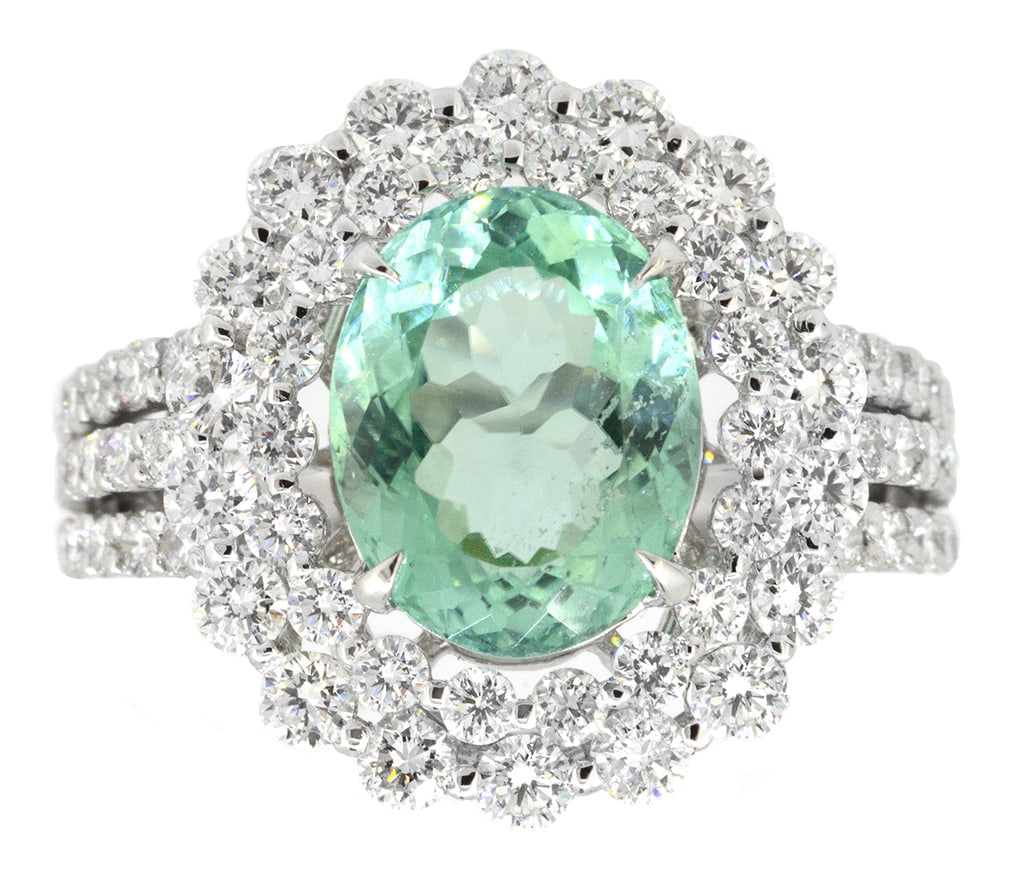 18K White Gold Ladies Ring with 3.45ct Paraiba Tourmaline and 1.74ct tw Adjacent Diamonds: Retail: $17,500.00 ****** 18K White Gold Ladies Ring with 3.45ct Paraiba Tourmaline and 1.74ct tw Adjacent Diamonds ****** Size: 6.5 / Metal: 18K White Gold / Total Item Weight: 5.5 Grams / Country