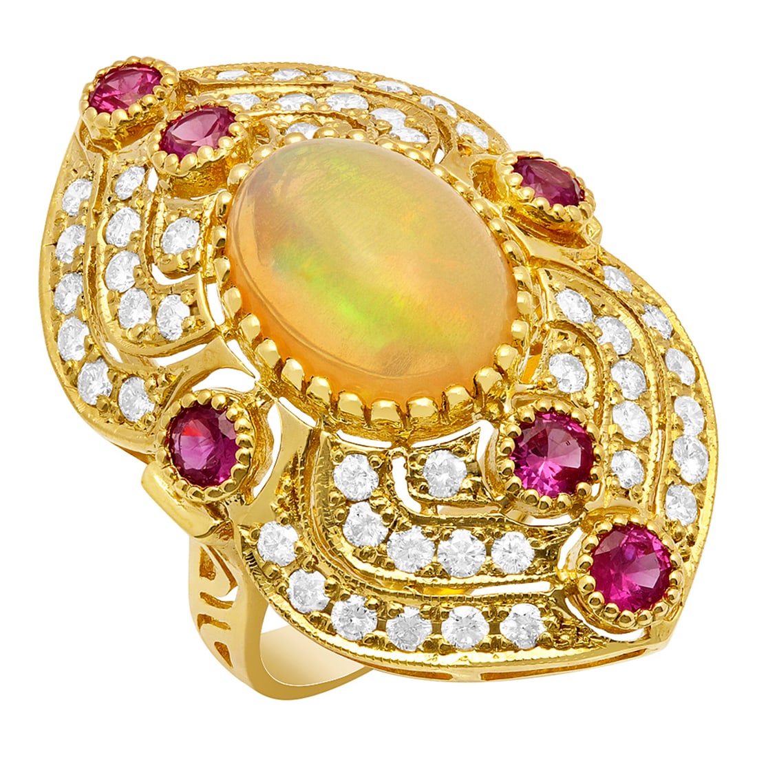 14k Yellow Gold 3.90ct Ethiopian Opal 0.90ct Ruby 1.49ct Diamond Ring: Retail: $12,340.00 ****** 14k Yellow Gold 3.90ct Ethiopian Opal 0.90ct Ruby 1.49ct Diamond Ring ****** Metal: 14K Yellow Gold / Total Item Weight: 10.80 grams / Country Made: United States / / Main St