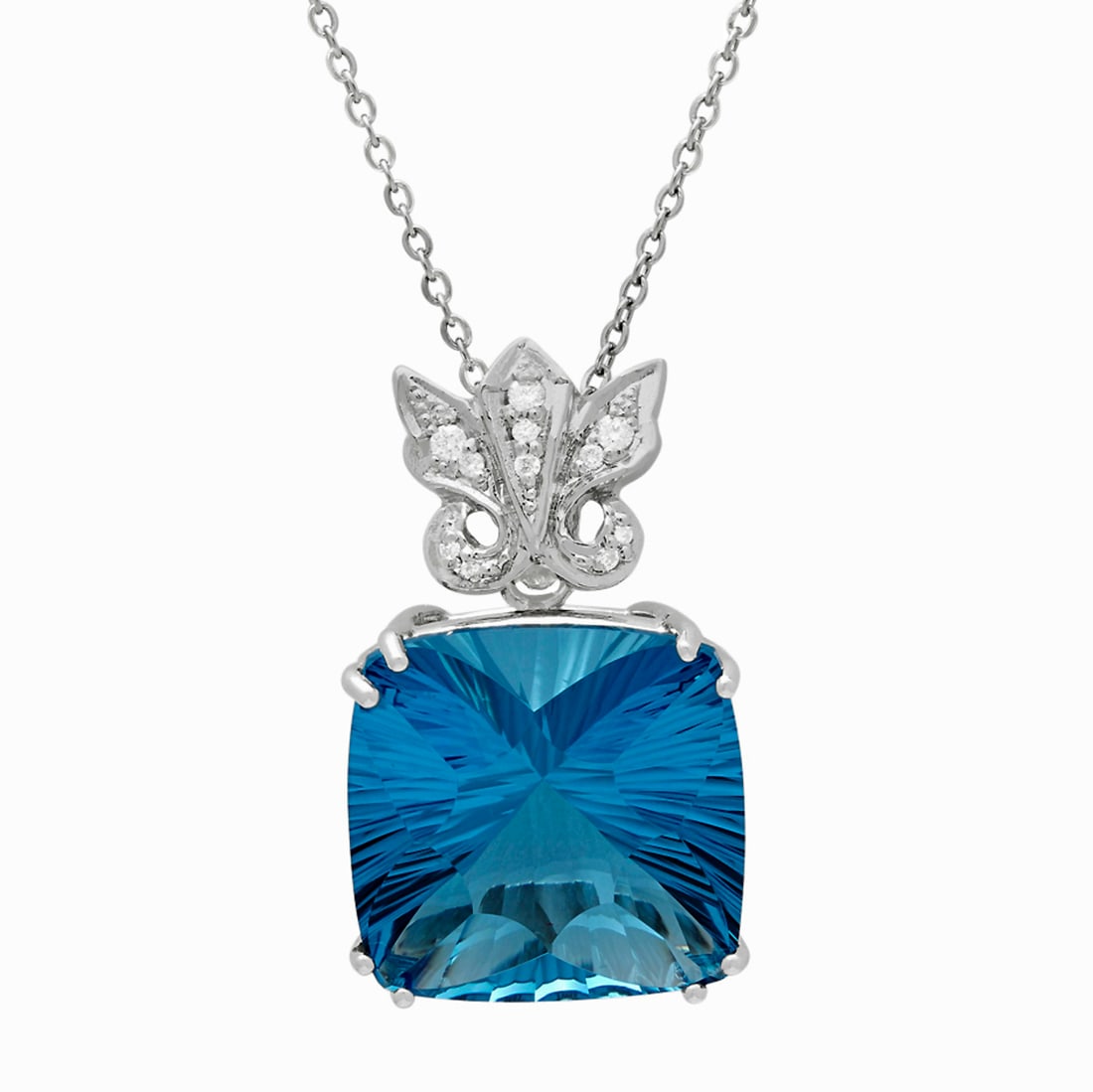 14k White Gold 39.09ct Blue Topaz 0.17ct Diamond Pendant: Retail: $11,170.00 ****** 14k White Gold 39.09ct Blue Topaz 0.17ct Diamond Pendant ****** Metal: 14K White Gold / Total Item Weight: 16.98 grams / Country Made: United States / / Main Stone: Blue Topa