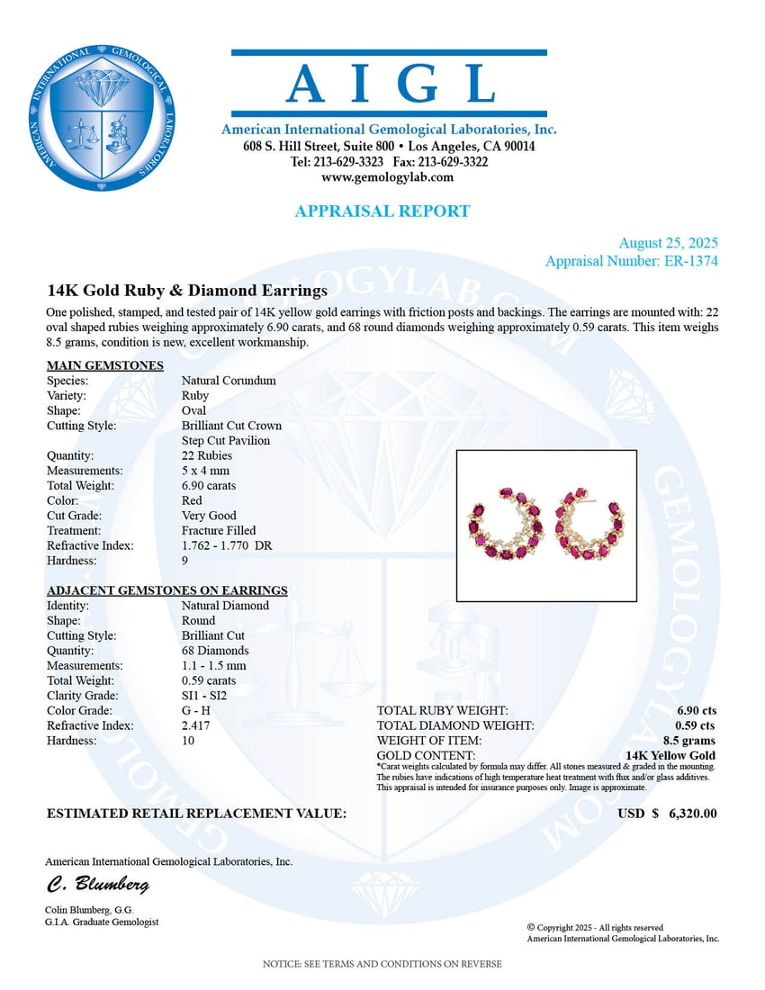 14K Yellow Gold earrings with 6.99ct Ruby and 0.59ct Diamonds - 3