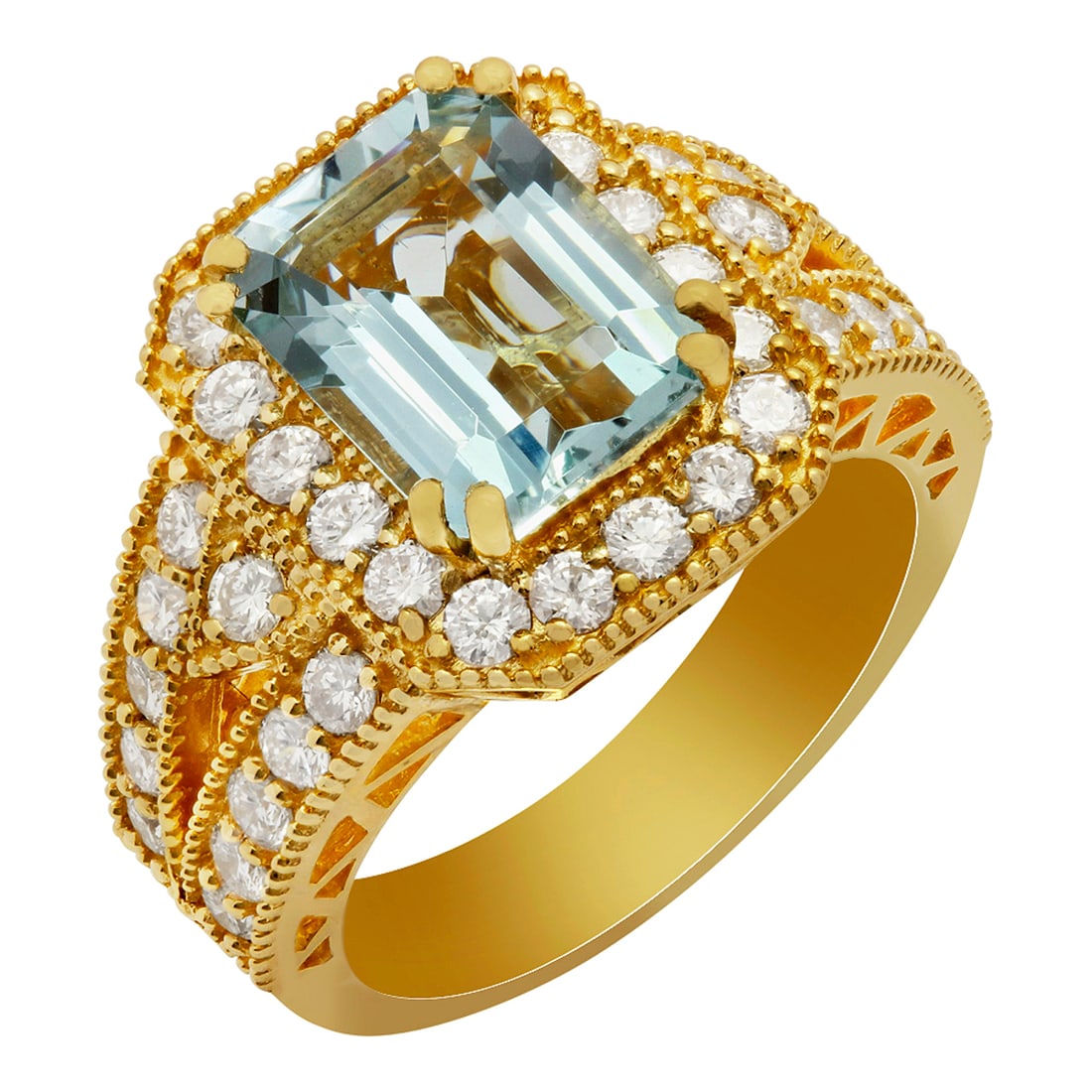14k Yellow Gold 3.42ct Aquamarine 1.28ct Diamond Ring: Retail: $6,070.00 ****** 14k Yellow Gold 3.42ct Aquamarine 1.28ct Diamond Ring ****** Metal: 14K Yellow Gold / Total Item Weight: 8.21 grams / Country Made: United States / / Main Stone: Aquamarine /