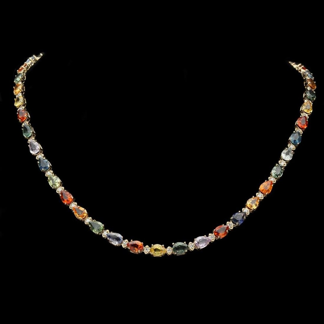 14K Gold 36.64ct Sapphire 1.47ct Diamond Necklace: Retail: $21,150.00 ****** 14K Gold 36.64ct Sapphire 1.47ct Diamond Necklace ****** Metal: 14K Solid Yellow Gold / Total Item Weight: 24.9 grams / Country Made: United States / / Main Stone: Fancy Colo