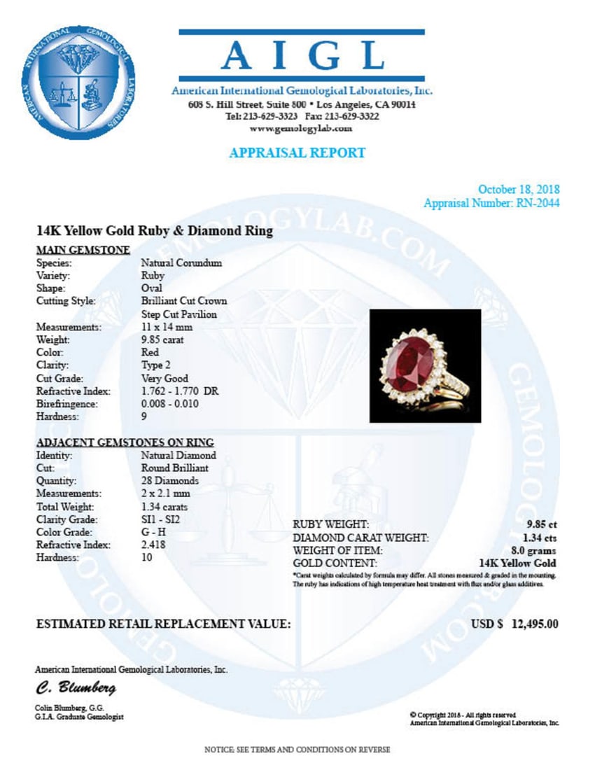 14K Yellow Gold 9.85ct Ruby and 1.34ct Diamond Ring - 5