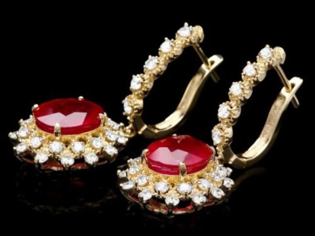 14k Gold 8.16ct Ruby 1.54ct Diamond Earrings - 2