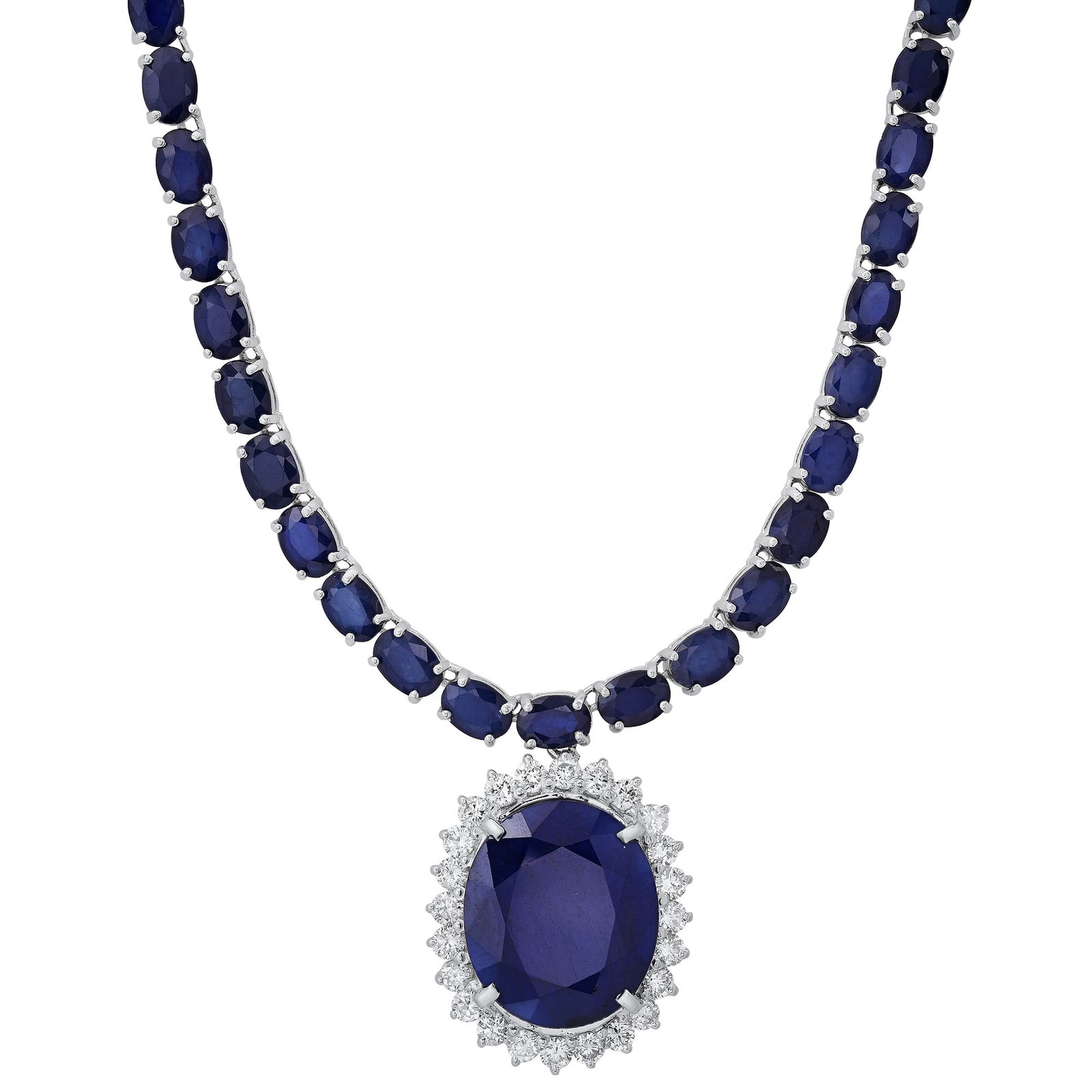 14K White Gold with 101.27ct Sapphire and 2.71ct Diamond Necklace: Retail: $55,800.00 ****** 14K White Gold with 101.27ct Sapphire and 2.71ct Diamond Necklace ****** Size: 17 / Metal: 14K White Gold / Total Item Weight: 47.5 Grams / Country Made: United States / / Ma