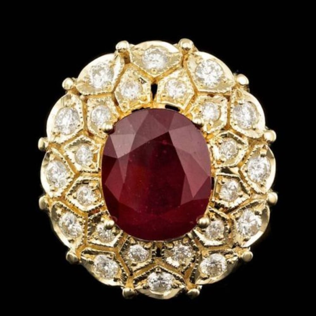 14K Yellow Gold 9.76ct Ruby and 1.64ct Diamond Ring: Retail: $17,252.00 ****** 14K Yellow Gold 9.76ct Ruby and 1.64ct Diamond Ring ****** Metal: 14K Yellow Gold / Total Item Weight: 12.7 Grams / Country Made: United States / / Main Stone: Ruby / Color: