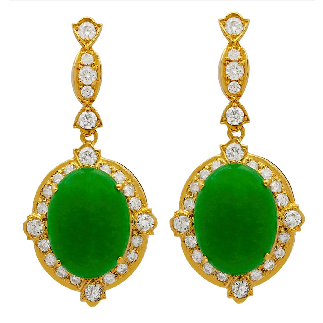 14k Yellow Gold 18.31ct Jade 1.87ct Diamond Earrings: Retail: $8,260.00 ****** 14k Yellow Gold 18.31ct Jade 1.87ct Diamond Earrings ****** Metal: 14K Yellow Gold / Total Item Weight: 12.80 grams / Country Made: United States / / Main Stone: Jade /