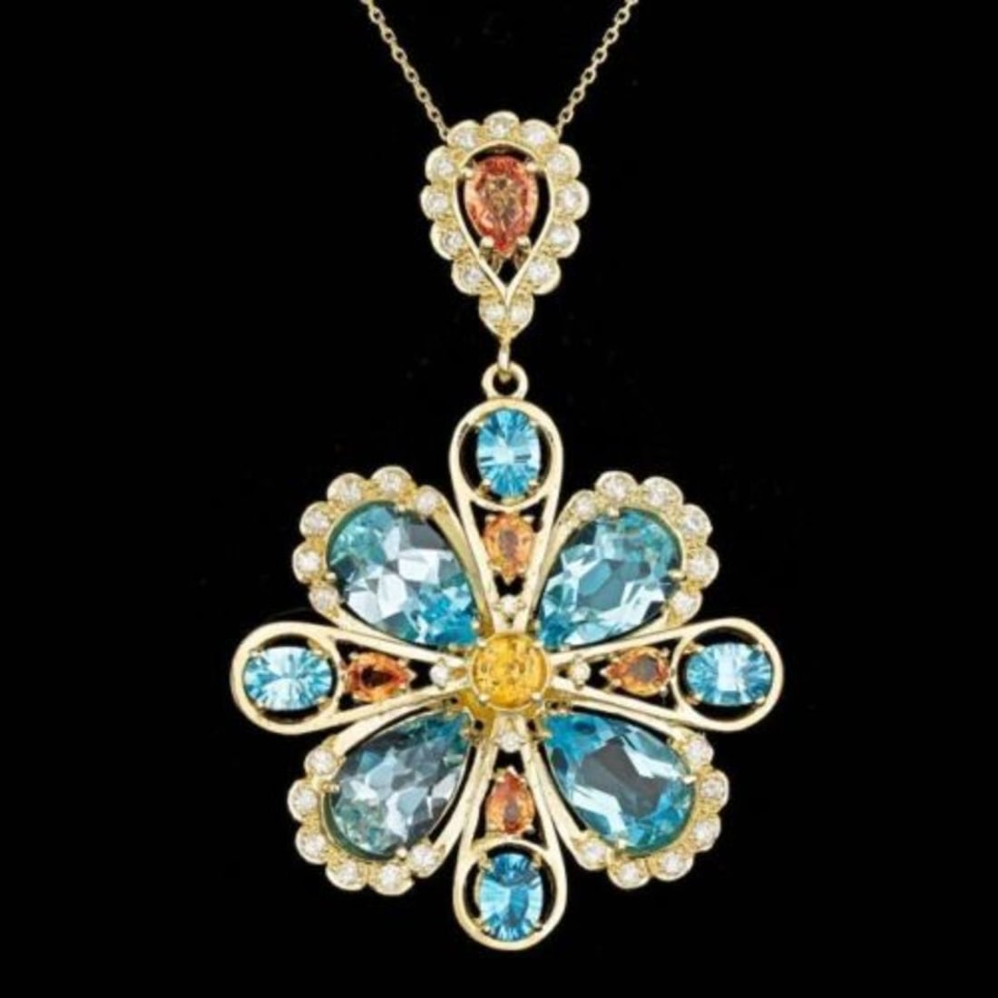 14K Gold 24.13ct Topaz 4.03ct Sapphire 1.48ct Diamond Pendant: Retail: $21,920.00 ****** 14K Gold 24.13ct Topaz 4.03ct Sapphire 1.48ct Diamond Pendant ****** Metal: 14K Yellow Gold / Total Item Weight: 23.0 Grams / Country Made: United States / / Main Stone: Topa