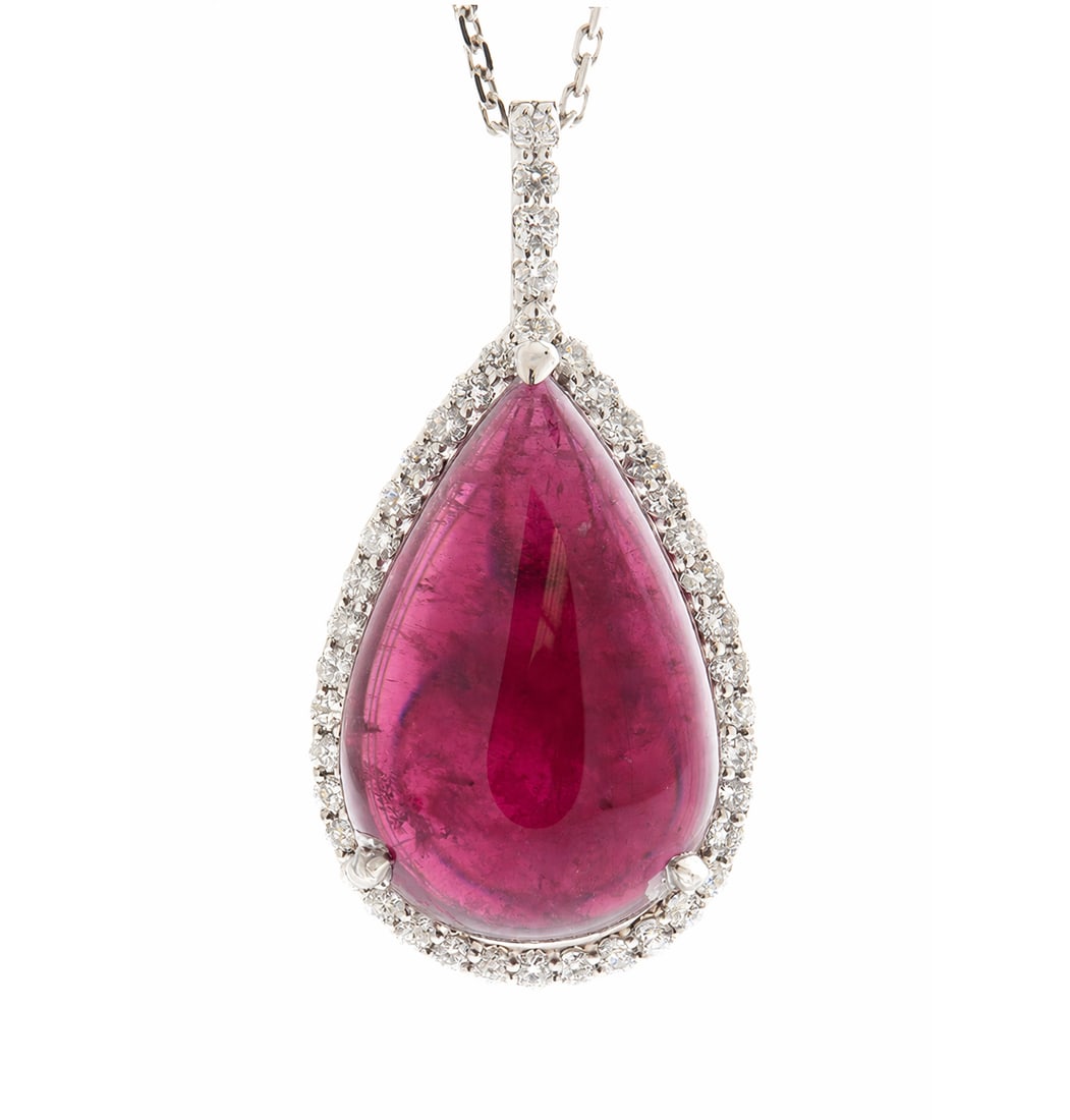 14K White Gold Ladies Pendant with 24.23ct Tourmaline and 0.86tcw Adjacent Diamonds: Retail: $24,726.00 ****** 14K White Gold Ladies Pendant with 24.23ct Tourmaline and 0.86tcw Adjacent Diamonds ****** Size: 1.5 by .75" with 18" Chain / Metal: 14K White Gold / Country Made: United Sta