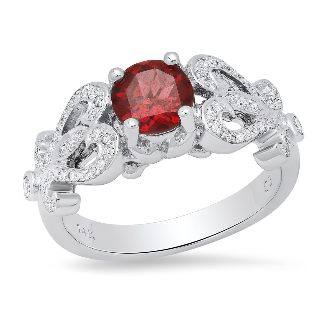 14K White Gold Setting with 1.08ct Garnet and 0.35ct Diamond Ring: Retail: $2,580.00 ****** 14K White Gold Setting with 1.08ct Garnet and 0.35ct Diamond Ring ****** Size: 6.25 (we offer free resizing to winning bidders) / Metal: 14K White Gold / Total Item Weight: 5.