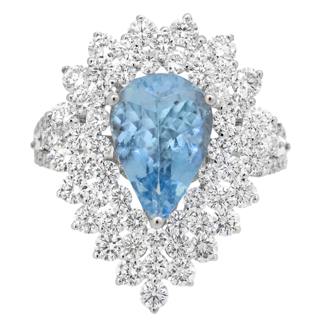 18K White Gold Ladies Ring with 2.37ct Aquamarine and 2.73ct tw Adjacent Diamonds: Retail: $11,500.00 ****** 18K White Gold Ladies Ring with 2.37ct Aquamarine and 2.73ct tw Adjacent Diamonds ****** Size: 6.5 / Metal: 18K White Gold / Total Item Weight: 5.8 Grams / Country Made: Unit