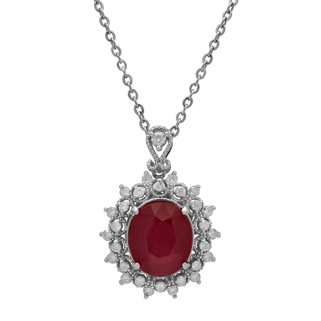 14k White Gold 7.01ct Ruby 0.65ct Diamond Pendant: Retail: $4,550.00 ****** 14k White Gold 7.01ct Ruby 0.65ct Diamond Pendant ****** Metal: 14K White Gold / Total Item Weight: 4.60 grams / Country Made: United States / / Main Stone: Ruby / Color: