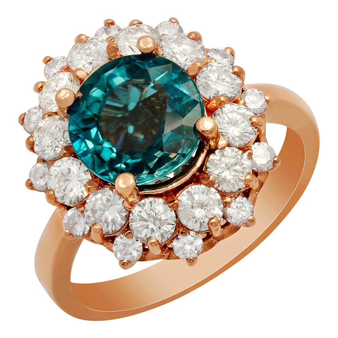 14k Rose Gold 3.10ct Blue Zircon 1.48ct Diamond Ring: Retail: $7,825.00 ****** 14k Rose Gold 3.10ct Blue Zircon 1.48ct Diamond Ring ****** Metal: 14K Rose Gold / Total Item Weight: 6.20 grams / Country Made: United States / / Main Stone: Blue Zircon / Co