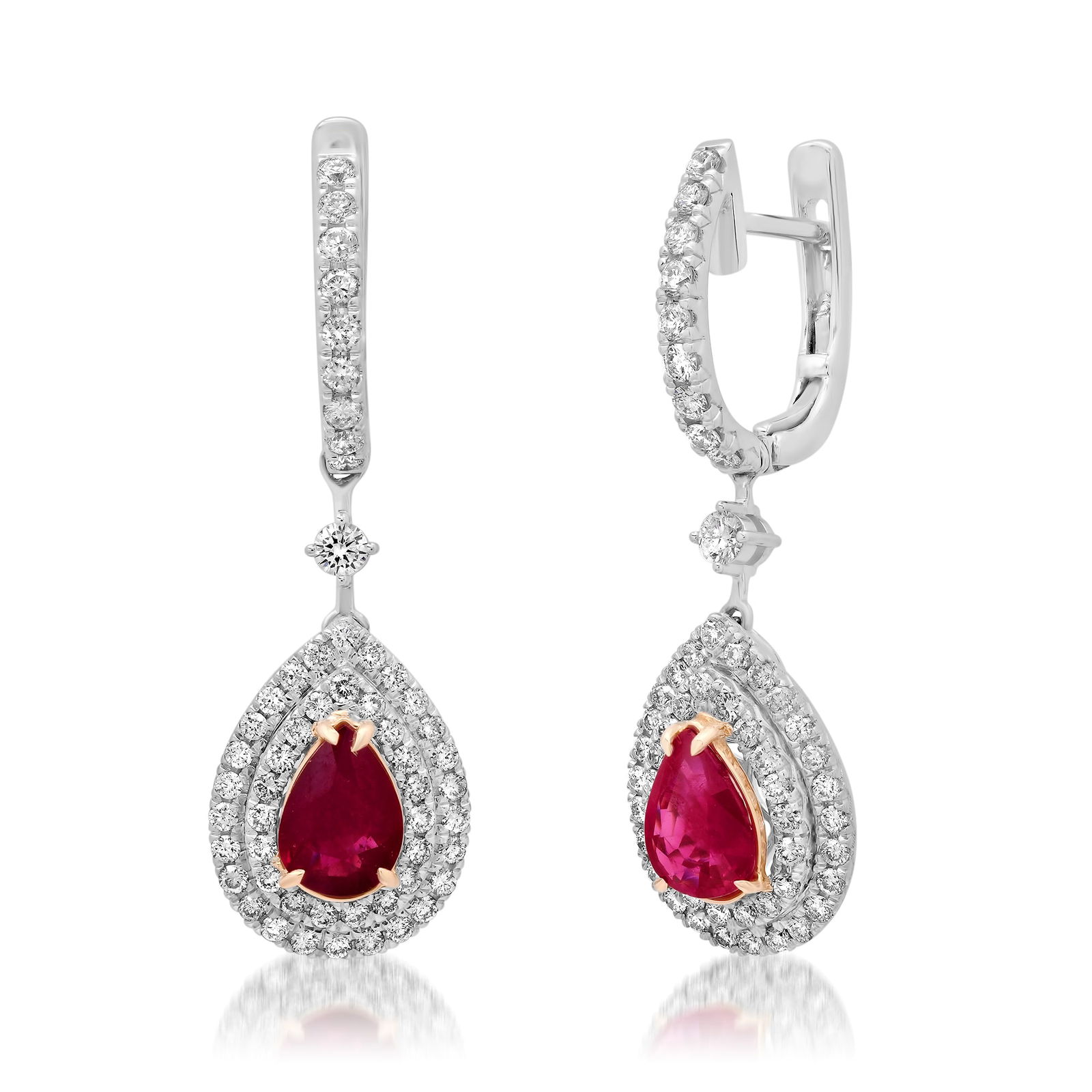 18K White and Yellow Gold Setting with 1.60ct Ruby and 1.20ct Diamond Earrings: Retail: $9,600.00 ****** 18K White and Yellow Gold Setting with 1.60ct Ruby and 1.20ct Diamond Earrings ****** Metal: 18K White and Yellow Gold / Total Item Weight: 6.3 Grams / Country Made: United St