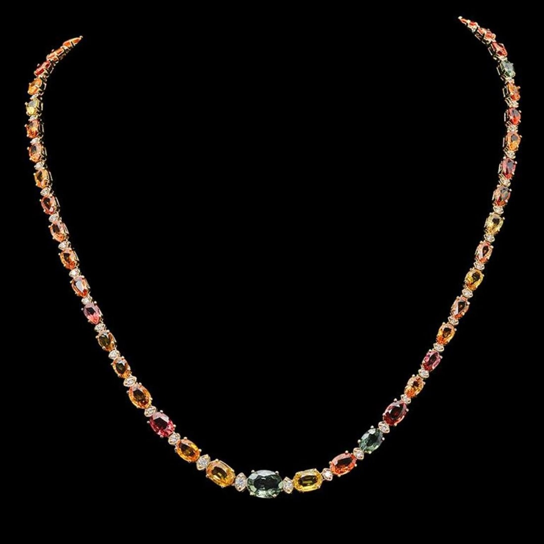 14K Gold 28.97ct Multi-Color Sapphire & 1.29ct Diamond Necklace: Retail: $21,560.00 ****** 14K Gold 28.97ct Multi-Color Sapphire & 1.29ct Diamond Necklace ****** Metal: 14K Solid Gold / Total Item Weight: 21.9 grams / Country Made: United States / / Main Stone: