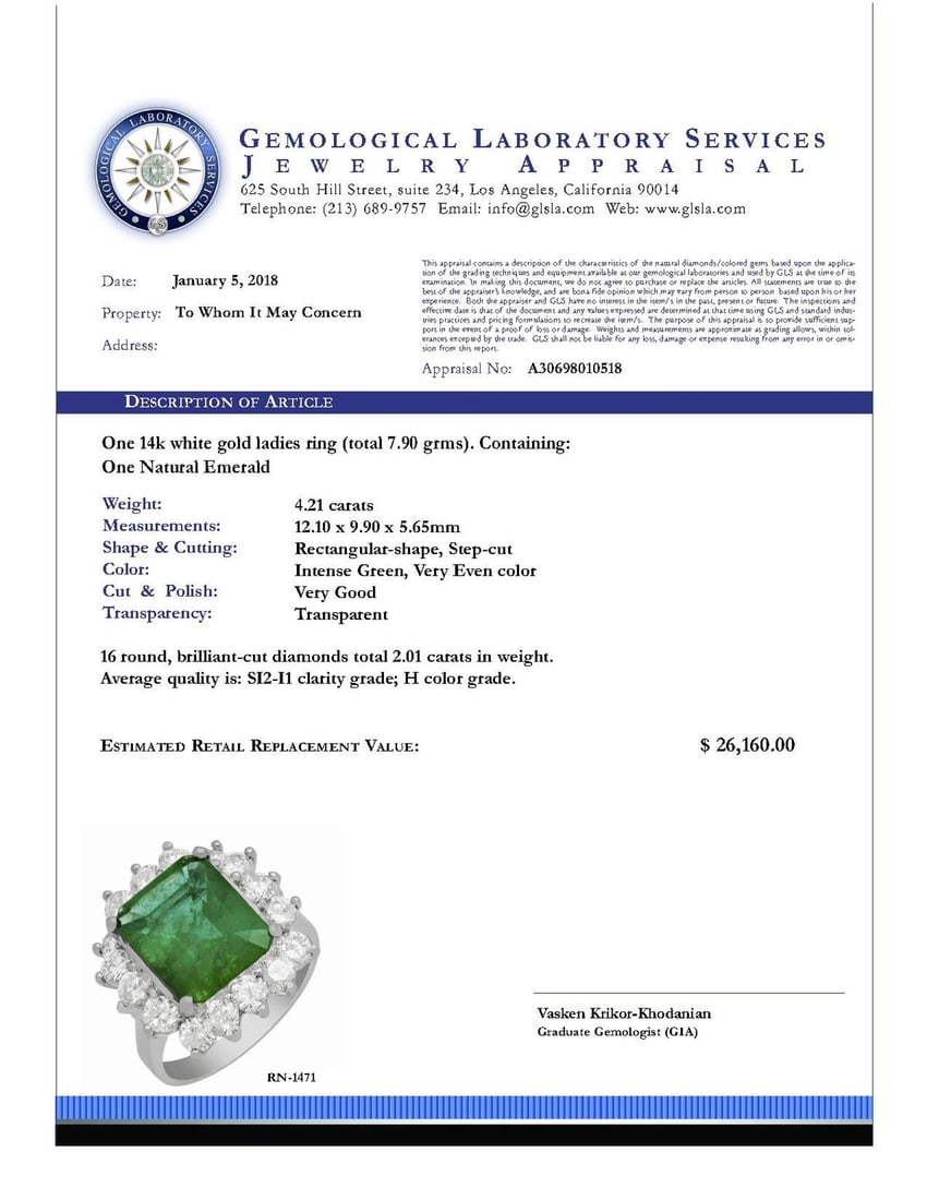 14k White Gold 4.21ct Emerald 2.01ct Diamond Ring - 5
