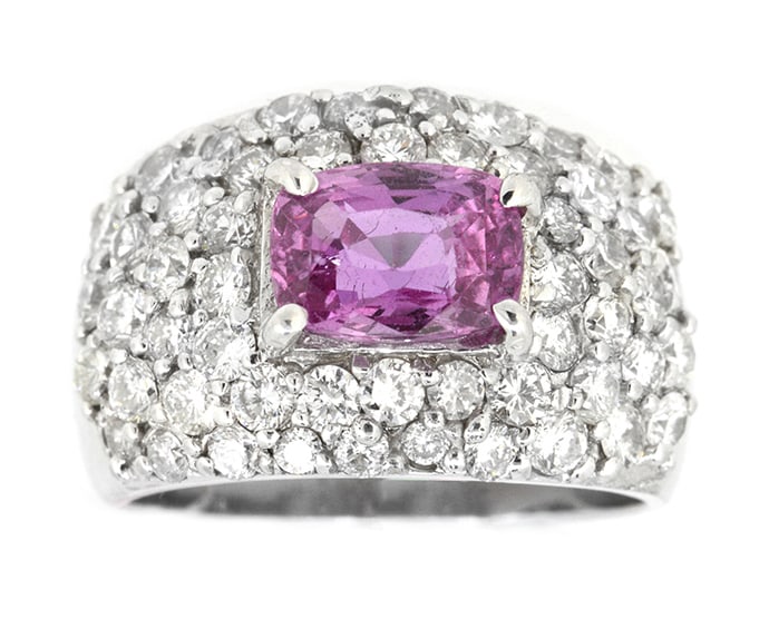 18K White Gold Ladies Ring with 1.96ct Pink Sapphire and 1.97ct tw Adjacent Diamonds: Retail: $11,000.00 ****** 18K White Gold Ladies Ring with 1.96ct Pink Sapphire and 1.97ct tw Adjacent Diamonds ****** Size: 6.5 / Metal: 18K White Gold / Total Item Weight: 11.8 Grams / Country Made: