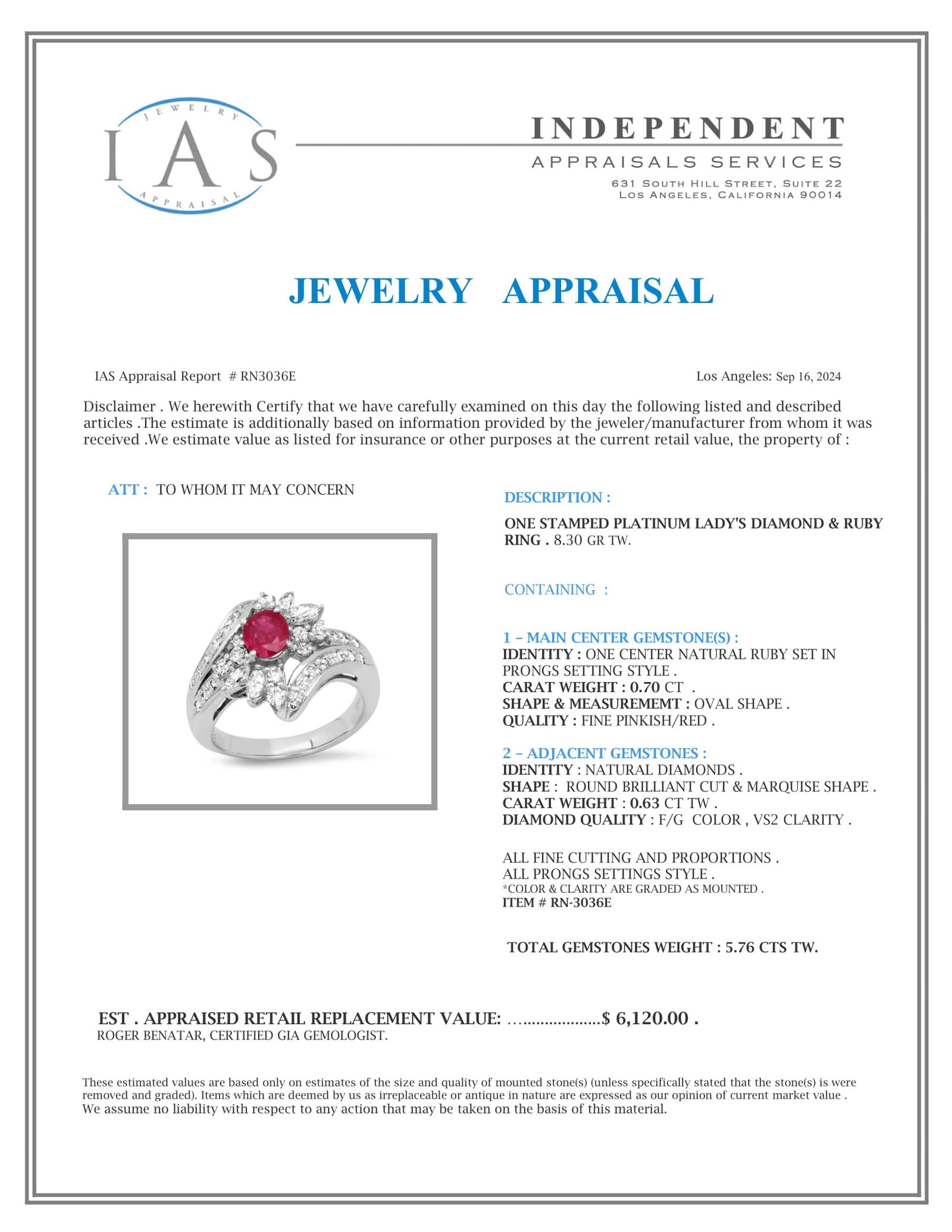 Platinum Setting with 0.70ct Ruby and 0.63ct Diamond Ladies Ring - 5