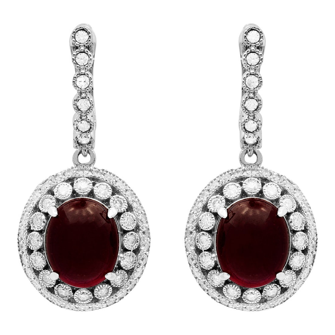 14k White Gold 12.93ct Ruby 1.73ct Diamond Earrings: Retail: $8,790.00 ****** 14k White Gold 12.93ct Ruby 1.73ct Diamond Earrings ****** Metal: 14K White Gold / Total Item Weight: 11.50 grams / Country Made: United States / / Main Stone: Ruby / Color: D