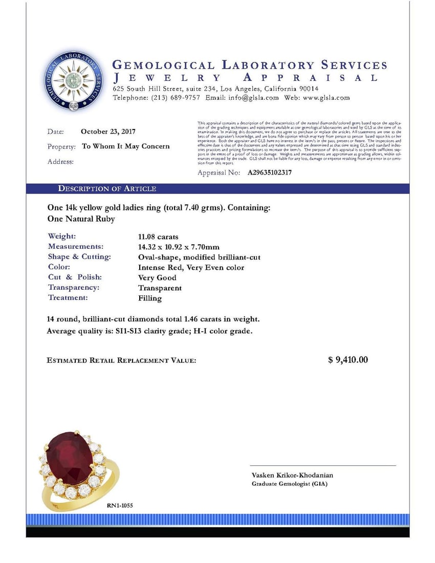 14k Yellow Gold 11.08ct Ruby 1.46ct Diamond Ring - 5