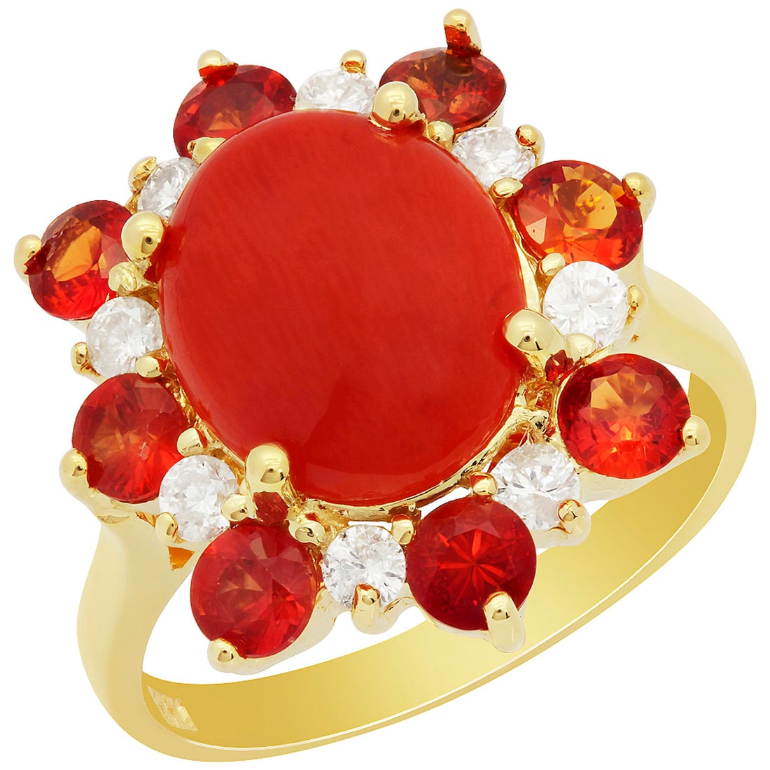 14k Yellow Gold 2.15ct Coral 1.42ct Orange Sapphire 0.35ct Diamond Ring: Retail: $3,350.00 ****** 14k Yellow Gold 2.15ct Coral 1.42ct Orange Sapphire 0.35ct Diamond Ring ****** Metal: 14K Yellow Gold / Total Item Weight: 4.90 grams / Country Made: United States / / Main St