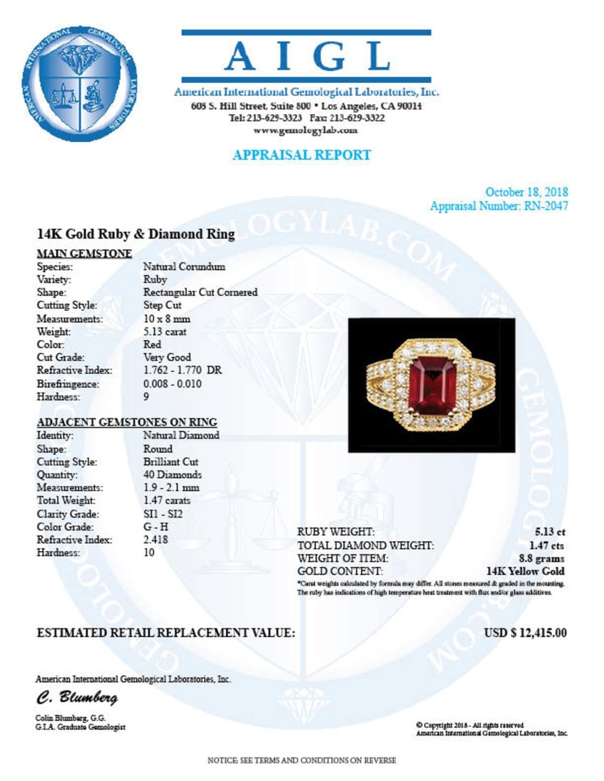 14K Yellow Gold 5.13ct Ruby and 1.47ct Diamond Ring - 5